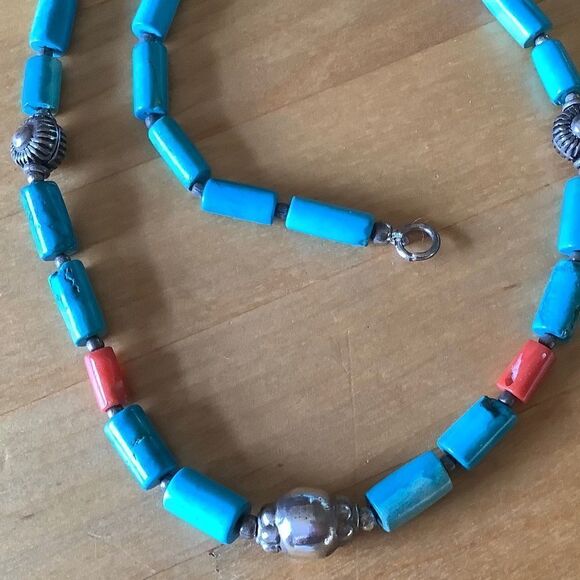 NWOTsterling SILVER 925 VINTAGE TURQUOISE/LAPIS/CORAL SILVER BEADS NECKLACE - Picture 3 of 6